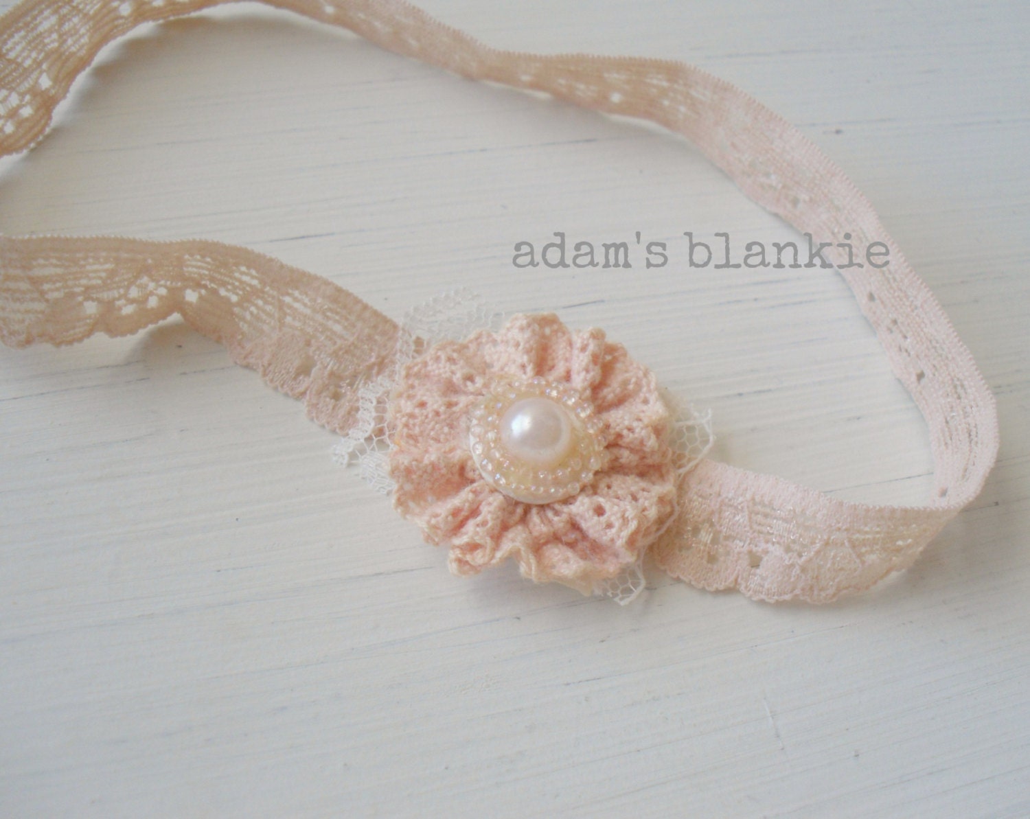 Isa - Vintage Inspired Ruffled Lace Headband - Peach Beige Nude - Newborn Infant Baby Girl Toddler Adult