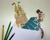 DIY Printable PDF Sea Turtle & Sand Castle Card, Cute Animals, For Kids, Green, Yellow, Paper Puppet