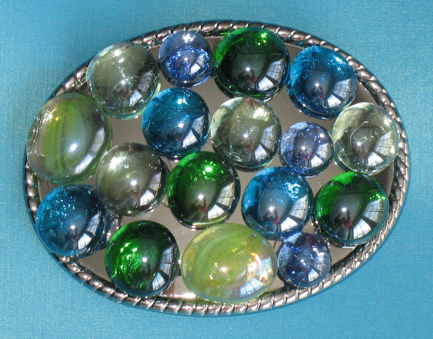 Womens Belt BUCKLE - Silver Aqua Blue Green - OCEAN BUBBLES - Custom Handcrafted Accessory