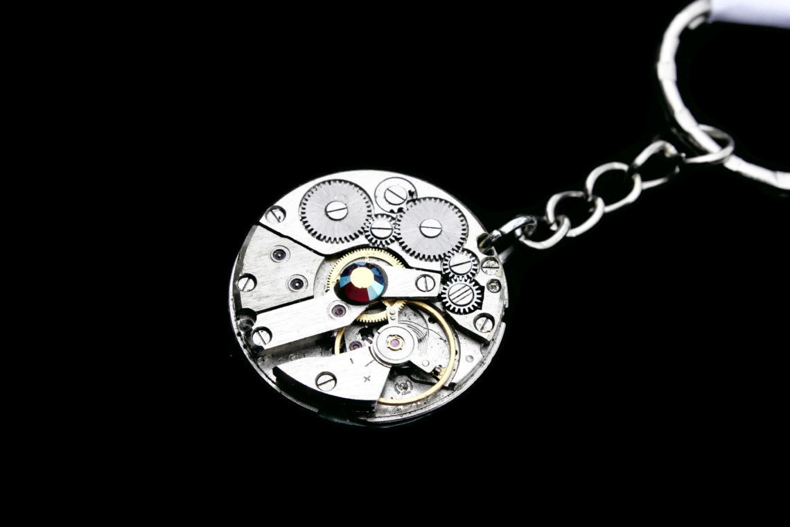 Steampunk Keychain- Industrial Wedding- Luxury Statement- Silver Clockwork- Vintage Watch Movement- Swarovski- Unisex- tasherajean- SK05