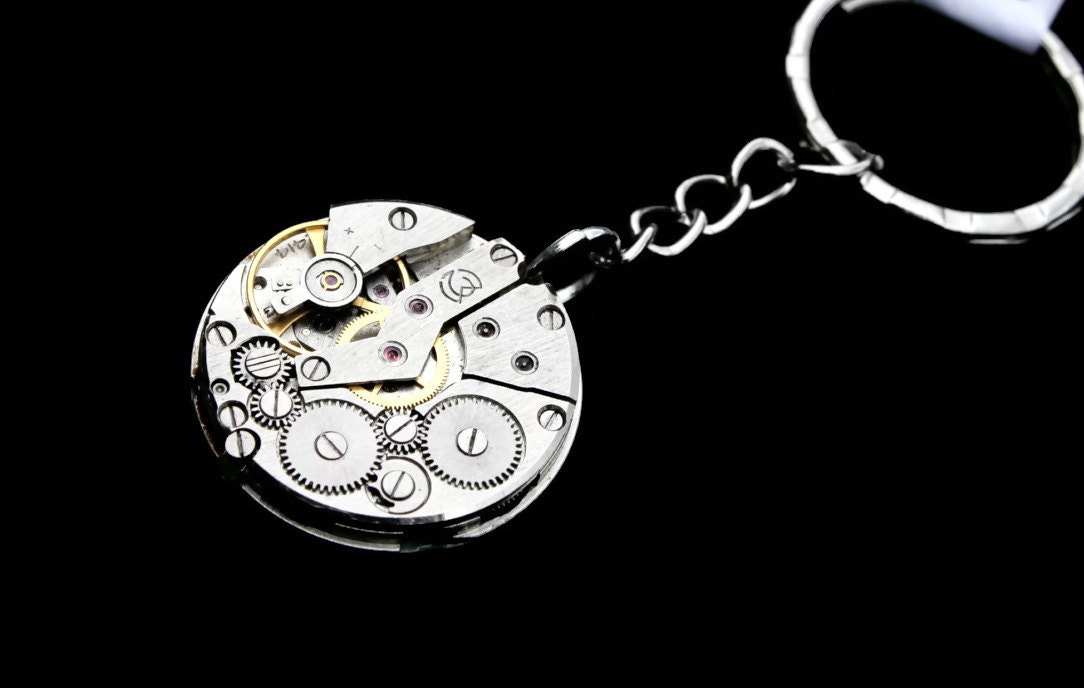 Steampunk Keychain- Industrial Wedding- Luxury Statement- Silver Clockwork- Vintage Watch Movement- Swarovski- Unisex- tasherajean- SK10