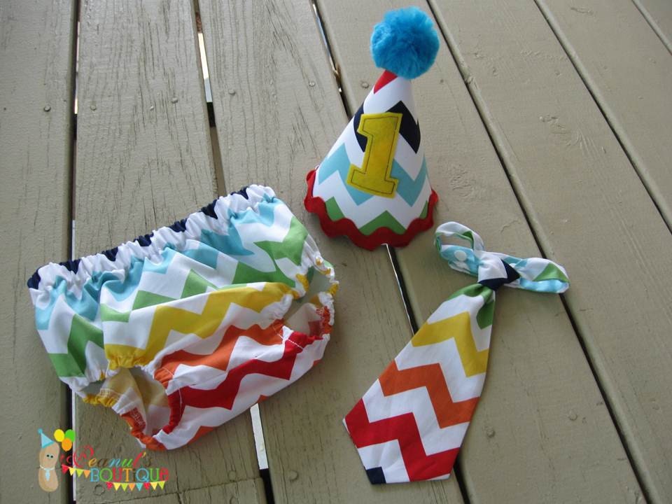 Baby Boy Toddler First Birthday Diaper Cover, Tie & Party Hat --Rainbow chevron Photo Prop