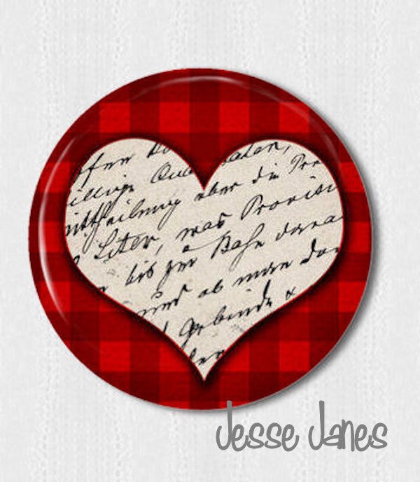 HEART Red Plaid - pin back button, badge, flatback, topper or magnet - please specify