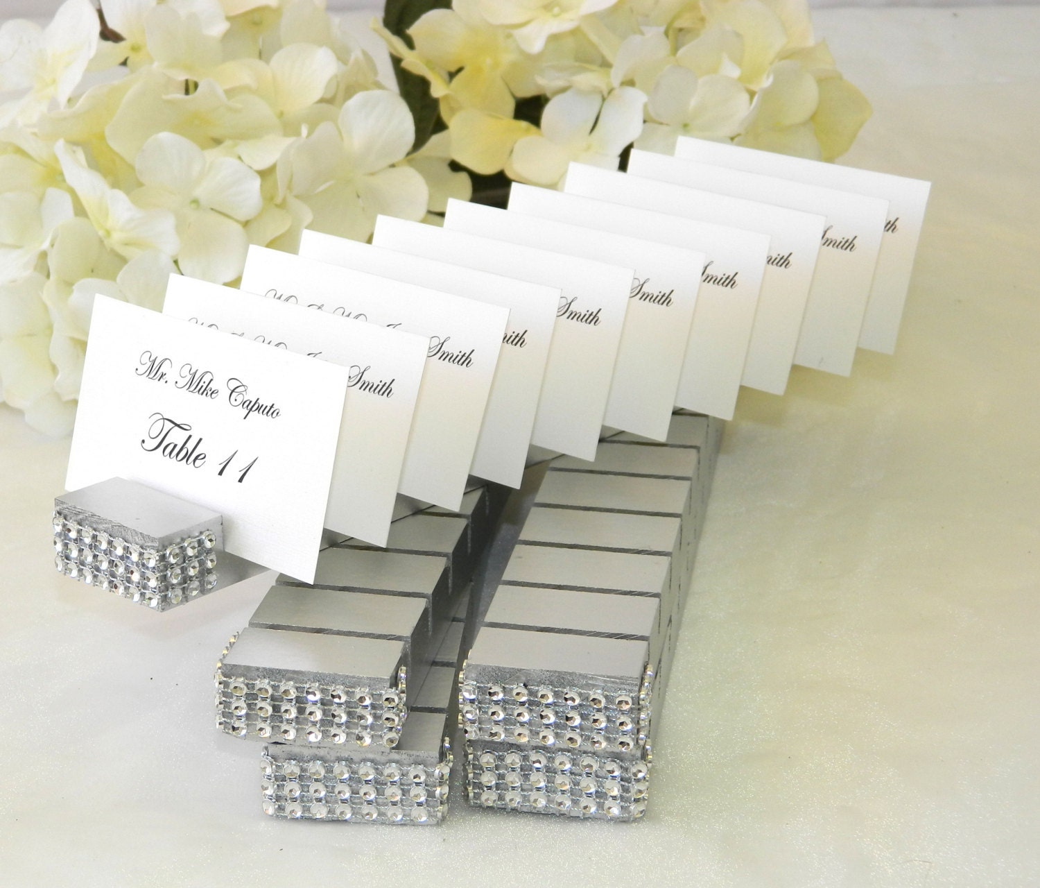 Silver Wood Plank Place Card Holder trimmed with a crystal wrap on the front- Set of  15