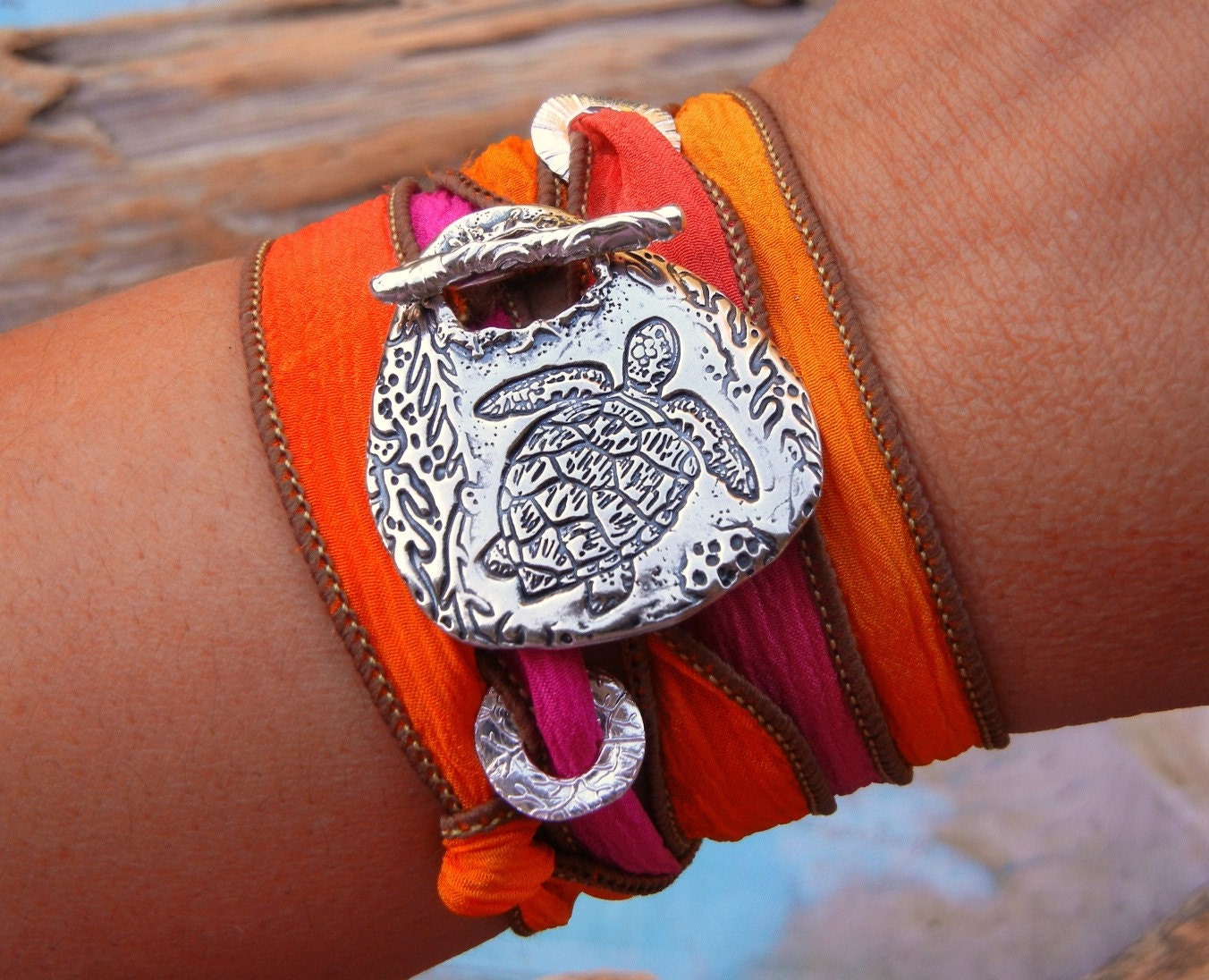 Sea Turtle Jewelry, Silk Wrap Bracelet, Sea Turtle Silk Ribbon Bracelet, STERLING Silver Jewelry, Sea Life Jewelry, Tartaruga, Tortuga