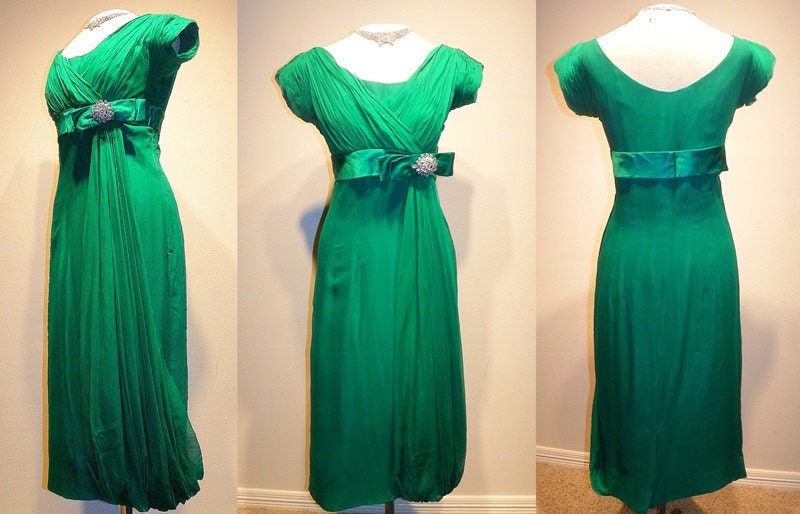 1950's GREEN Ruched Silk Chiffon Grecian Draped Bombshell Dress Vintage 50's Couture Robert Martin Femme Fatale Cocktail Party Wiggle Dress