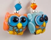 Tropical Owl Lampwork Bead Earrings - orange, blue