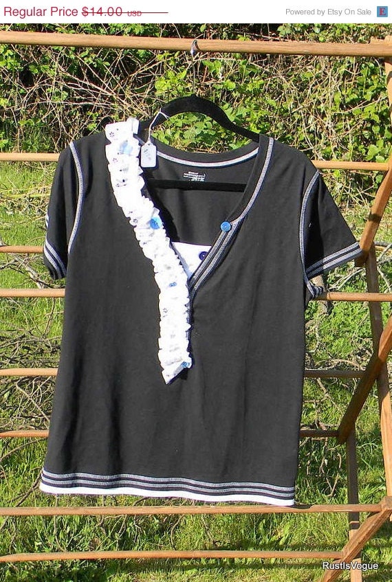 Spring Cleaning Sale SALE Deep Navy T-Shirt Embellishments of Vintage Lace and Buttons XL