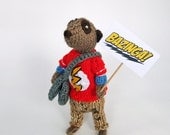 Sheldon Meerkat, Science Geek, knitted mascot with handknitted laptop, meerkat nerd, meerkat geek