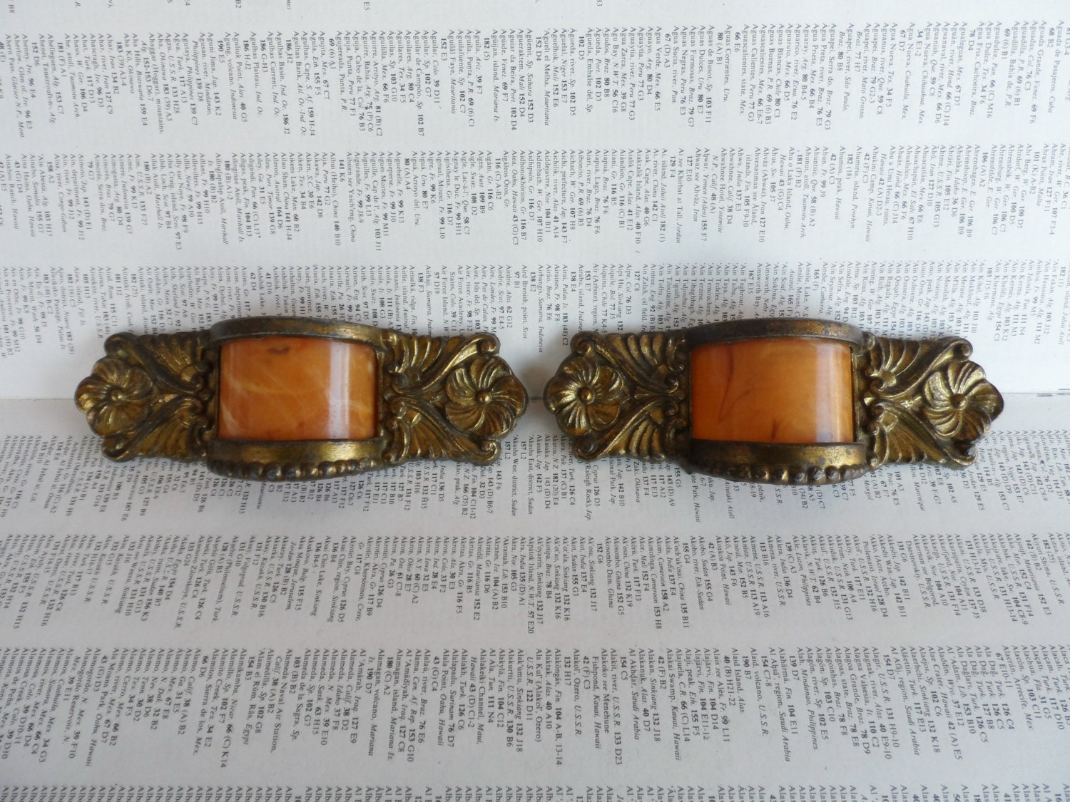 2 vintage Art Nouveau goldtone metal floral theme handles with amber butterscotch inserts includes hardware