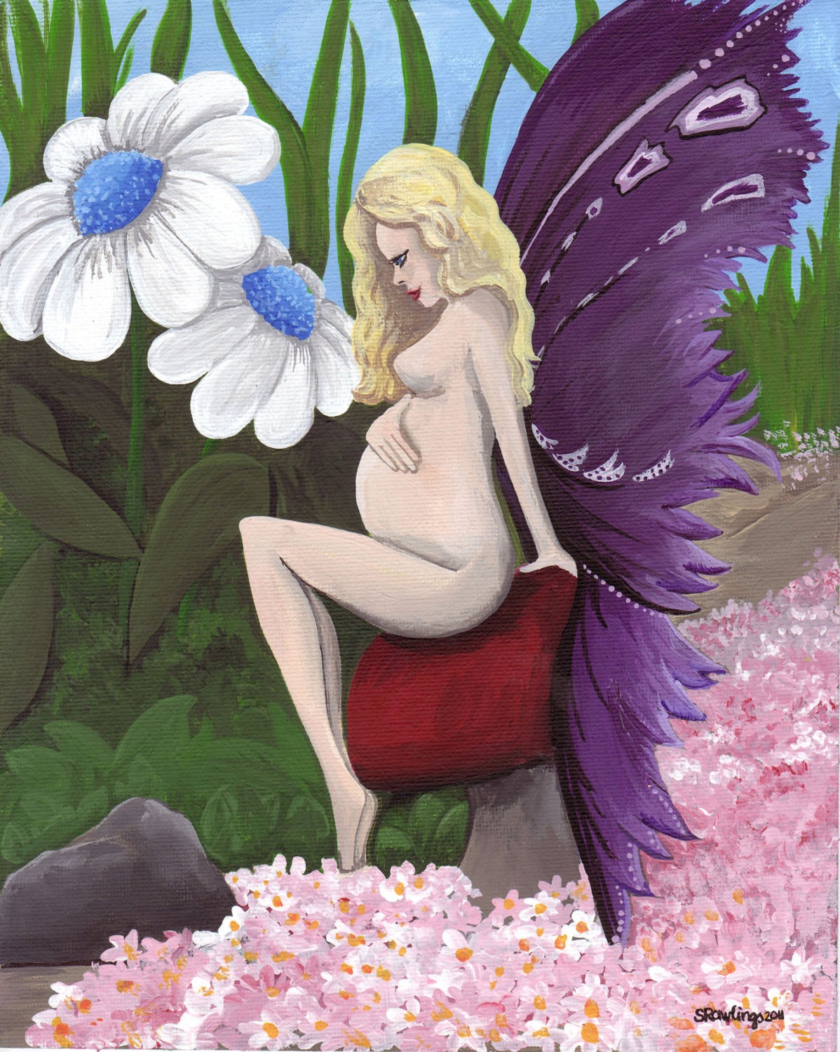 Ethereal Expectation, pregnant, nude fairy, original acrylic painting on canvas sheet