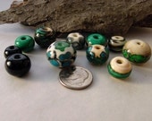 Handmade Lampwork Glass Bead Set. Jewelry Supply. Ivory, Black, Turquoise,Green. LWS-30