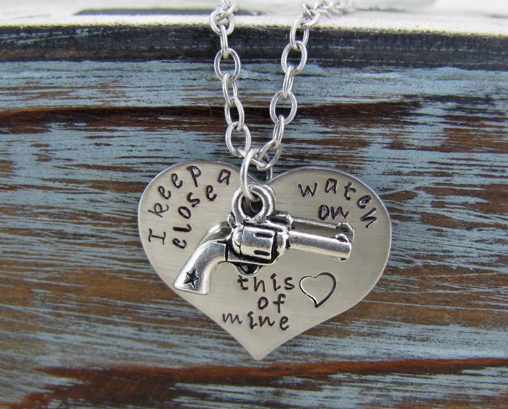 I Keep A Close Watch On This Heart Of Mine Hand Stamped Heart And Pistol Charm Revolver Necklace