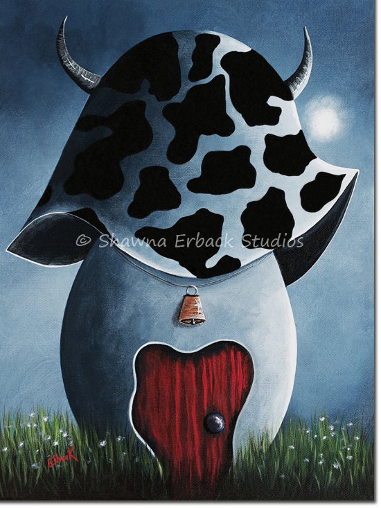 COUNTRY ESCAPE fine art print Surreal Fantasy Mushroom Fairy House Dairy Cow pattern ERBACK