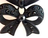 Black Bow Pendant Necklace, Black Satin Double Row Ribbon Pendant Necklace, Metal Bow