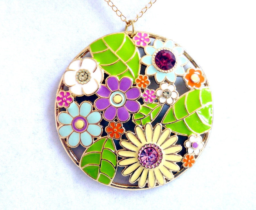 Colorful Flower Pendant, Aqua Purple Pink Lime Floral Pendant, Fun Spring Summer Flower Pendant, Gift for Her