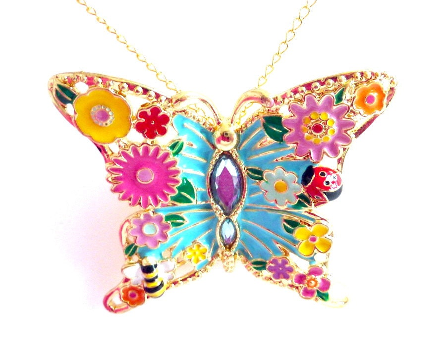Butterfly Pendant Necklace, Aqua Pink Yellow Green Gold Flowers Butterfly Pendant, Spring Summer Fun Colorful, Mother's Day