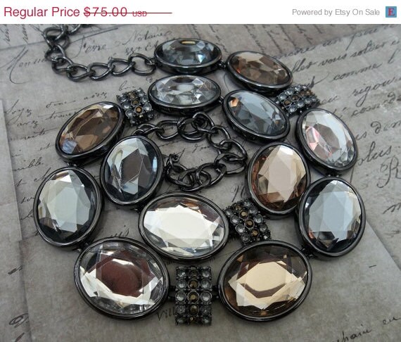 ON SALE Les Bijoux Champagne, Silver, Mocha, And Gunmetal Crystal Rhinestone Wedding Statement Necklace With Gunmetal Hardware & Chain