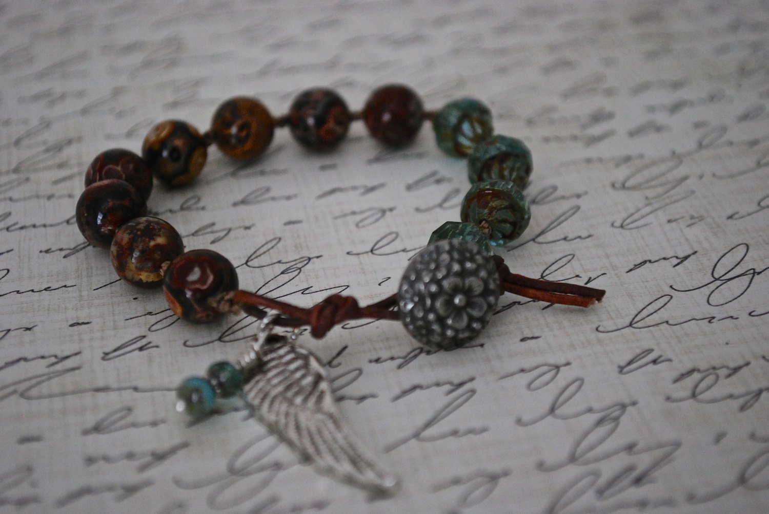 Angel Wing Bracelet, Jasper and Czech glass, Boho Chic, Knotted Leather