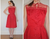Vintage 50s/60s Ruby Red Sleeveless Party Dress with Illusion Bodice and Bow - sz S