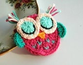 Crochet Owl in Pink and Mint Green Sleepy Owl