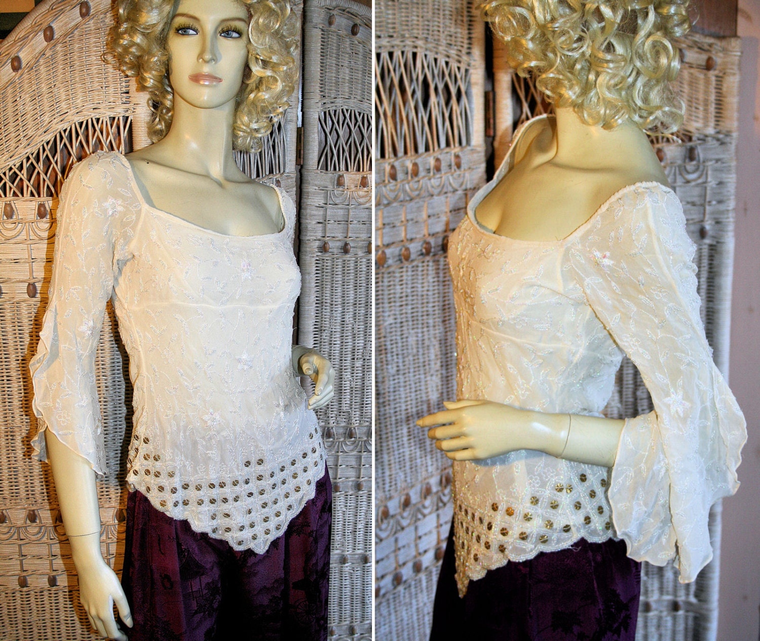 80s Poet Blouse Cream Silk Iridescent Beads Metal Flowers S