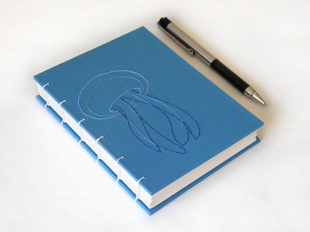 Coptic Bound Journal - Jellyfish Embroidery - Blue Diary Journal