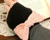 Hand Crocheted Women's Cotton Fingerless Gloves -Black with Pale Pink Bow and Tipping - Ready to Ship