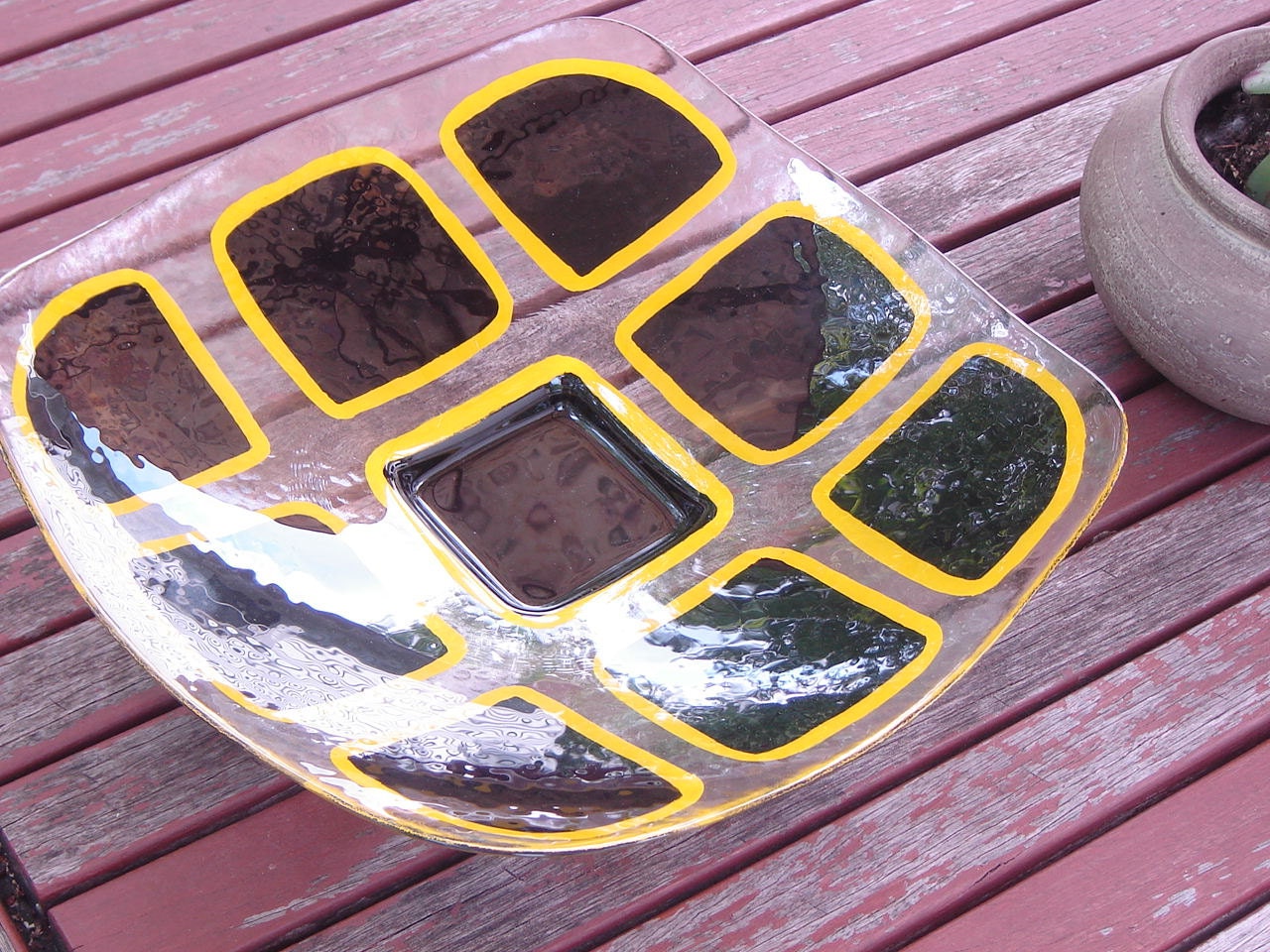 Vintage 60s Glass Black and Yellow Color Block Bowl  Plate Platter Display Home Decor
