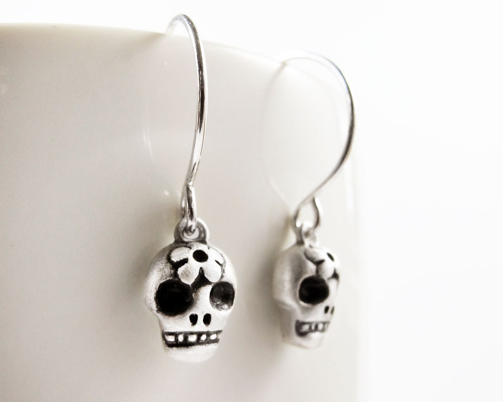 Very tiny Day of the Dead earrings sugar skull Día de los Muertos jewelry Halloween calaveras  sterling silver dangle drop