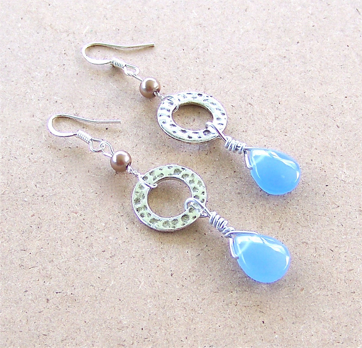 Eternity Circle Blue Briolette Silver Textured Earrings