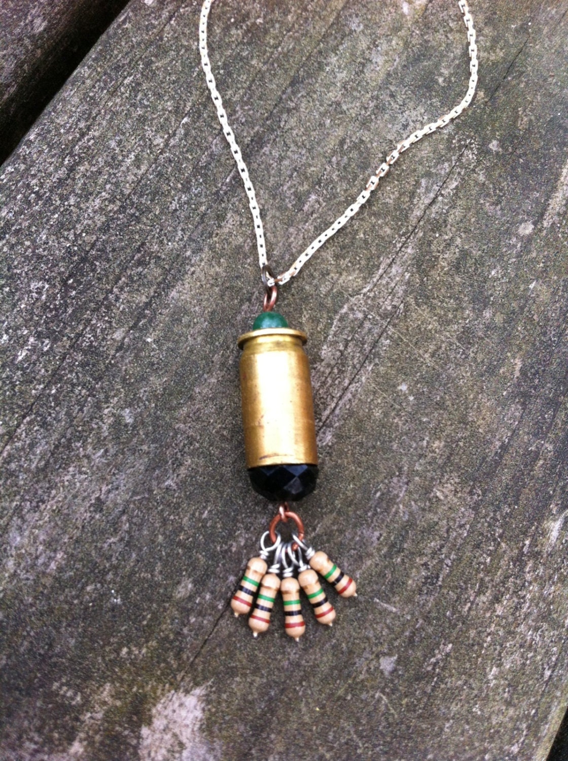 Unique Necklace Recycled Resistors & Bullet Casing Pendant