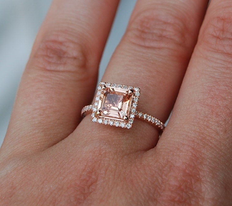1.58ct Princess Peach sapphire diamond ring 14k rose gold diamond ring
