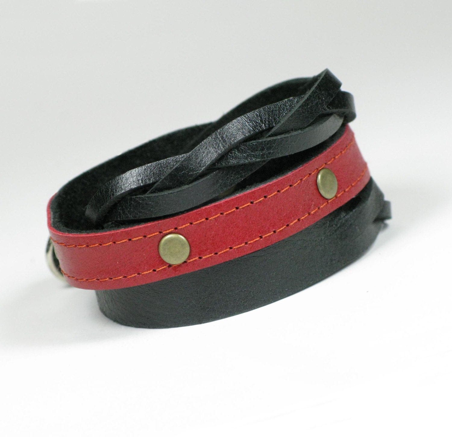 Leather wrap cuff Studs Black and Red braided slice