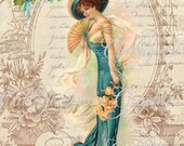 Victorian Romance teal Lady Large digital download ECS buy 3 get one free Pink ROSES romantic cottage gift tags or single image