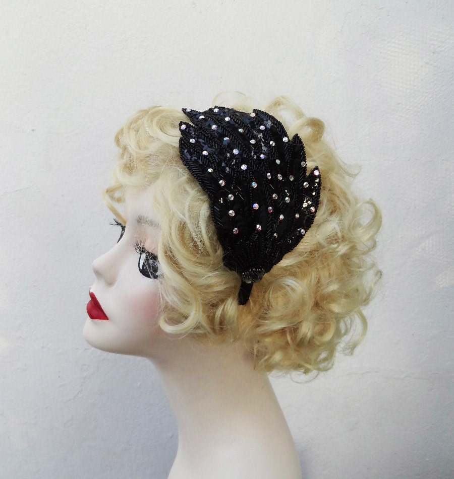 Cocktail Hat, One of a Kind, Black Beaded Headband, 1920s Flapper Style, Hair Accessory, Fascinator, Batcakes Couture