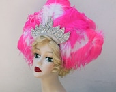 Hot Pink, White, Silver, Feather Showgirl Head Dress. Real Vintage Elements, One of a Kind, Ostrich Feather, Las Vegas Costume