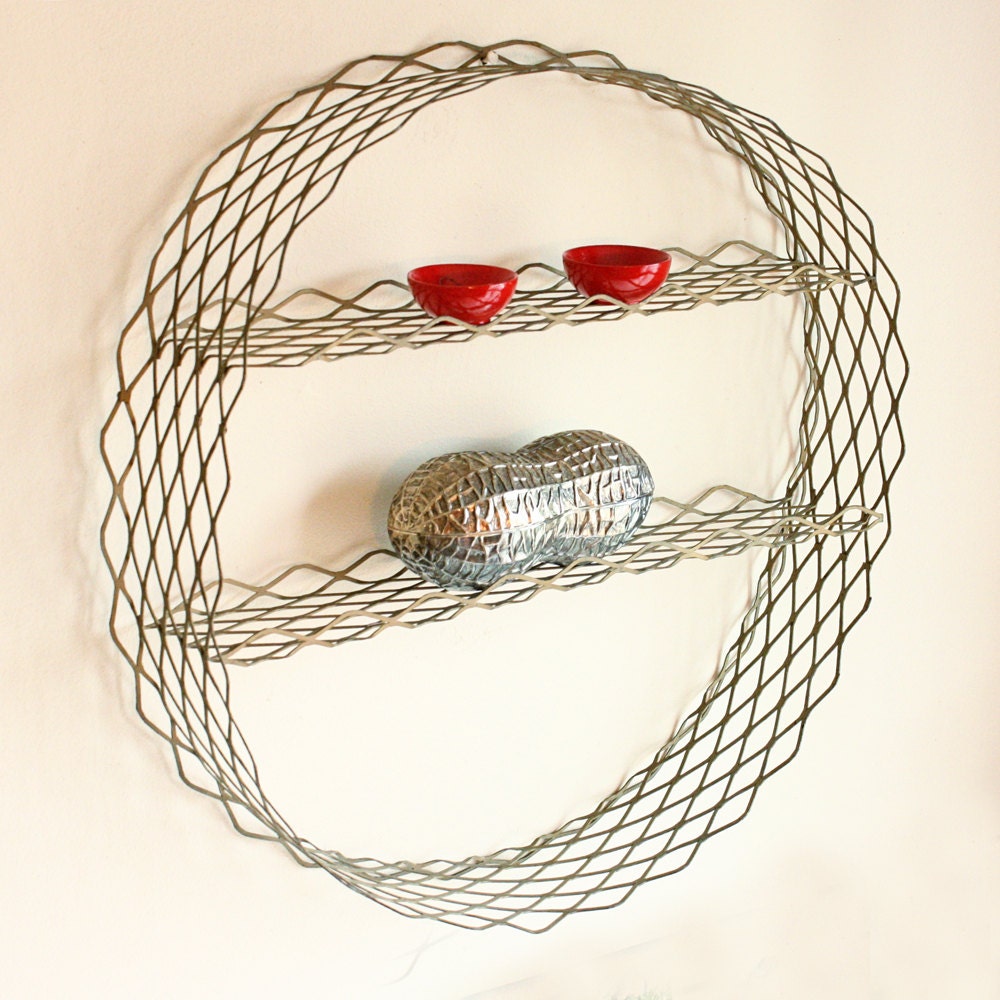 vintage shelf - wire - round - diamond pattern - mid century modern - punched - gold