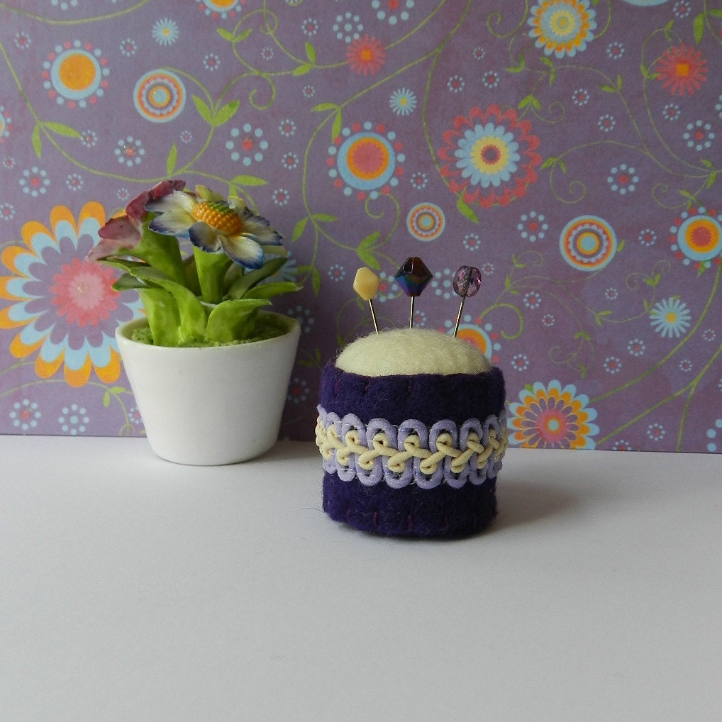 Purple and Off White Bottle Cap Pincushion