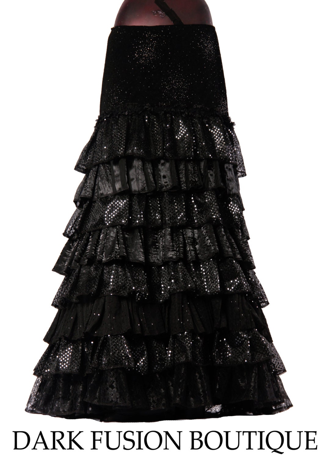 Skirt, Black GLAM Sparkle, Flamenco, Cabaret, Black, Ruffles, Belly Dance, Fusion, Vampire, Gothic, Dark Fusion Boutique
