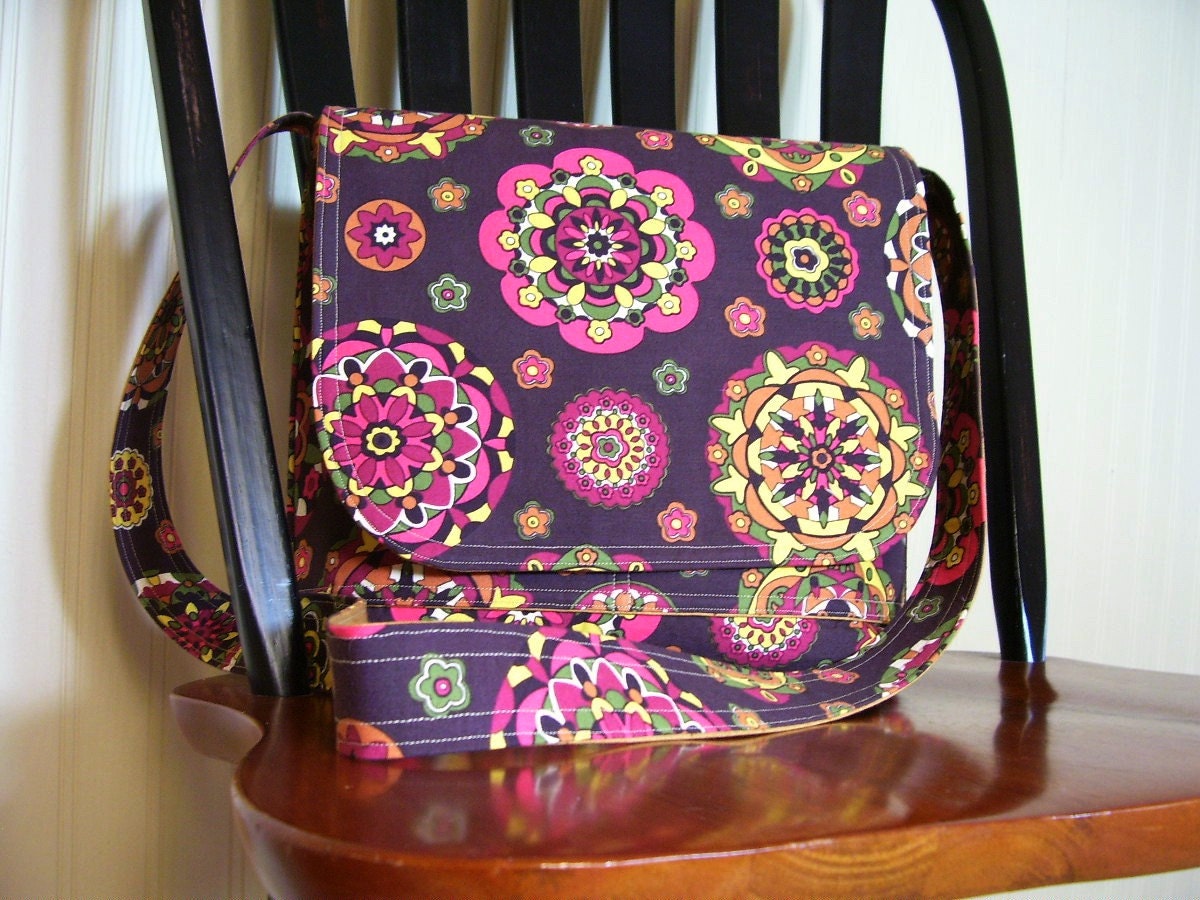Reversible Cross Body Messenger Bag- Pink Orange Tan Brown Floral with Matching Key Fob
