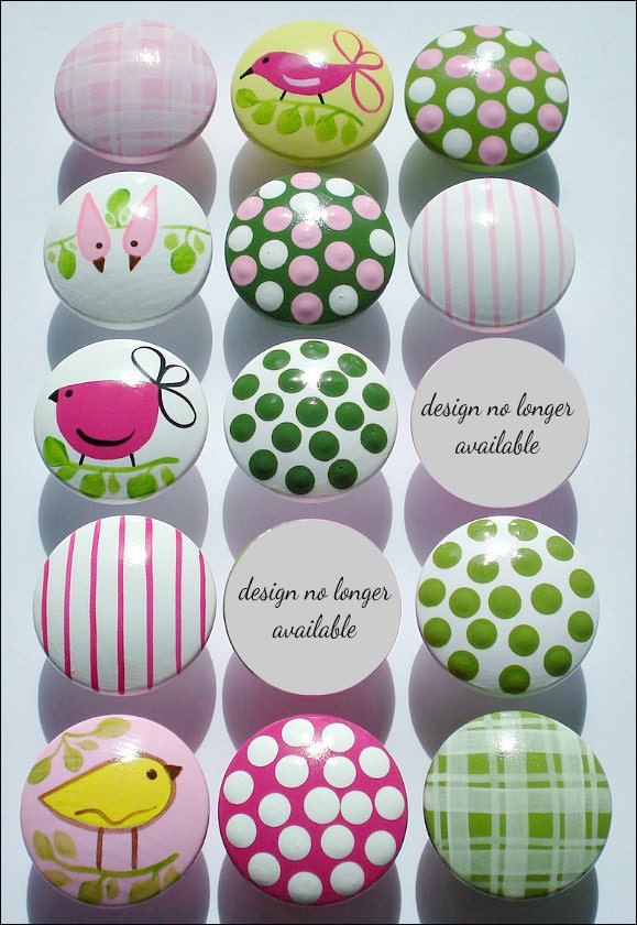 Hand Painted Knob Dresser Drawer Penelope Birds Stripes Polka Dots Gingham