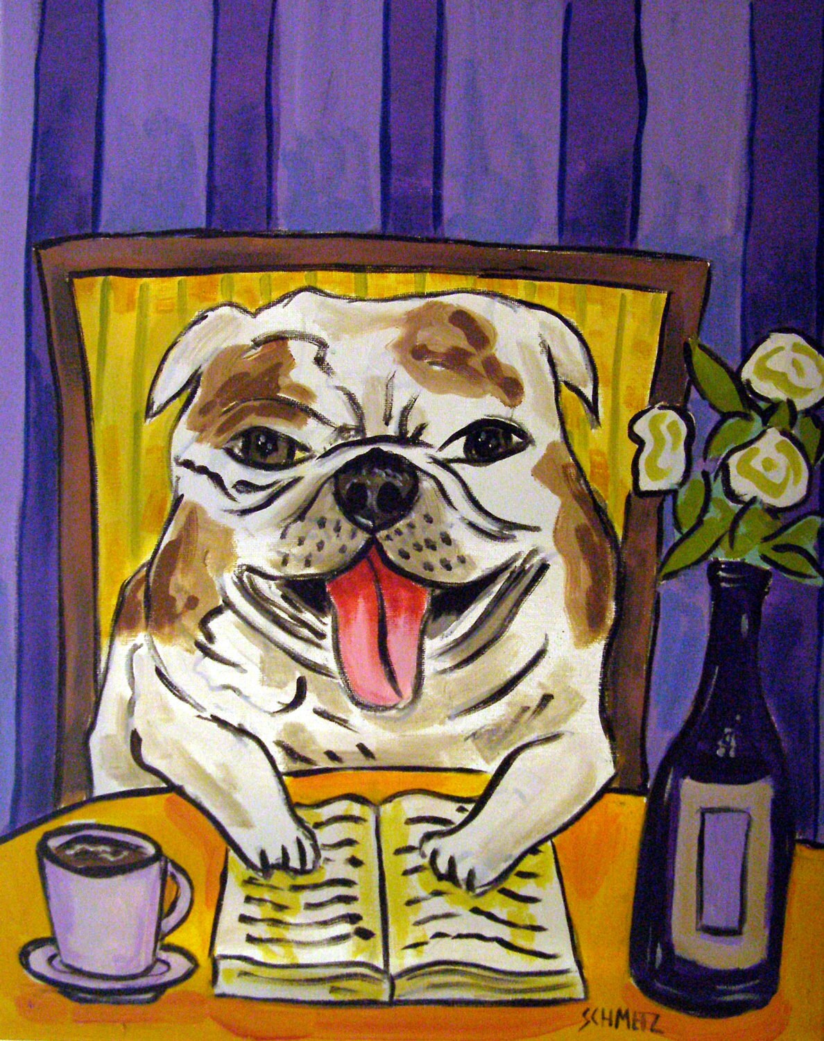 Bulldog Reading Dog Art Print 8x10 JSCHMETZ abstract folk art pop art MODERN library coffee