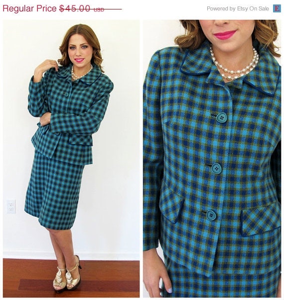 30% OFF Anniversary SALE 60s Cresta Turquoise Plaid Wool Suit Jacket and Skirt, Size MEDIUM to Large