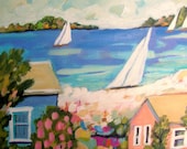 Beach original painting coastal nautical and colorful blues and greens by Karen Fields 16x20 Beach House Sailboat Abstract