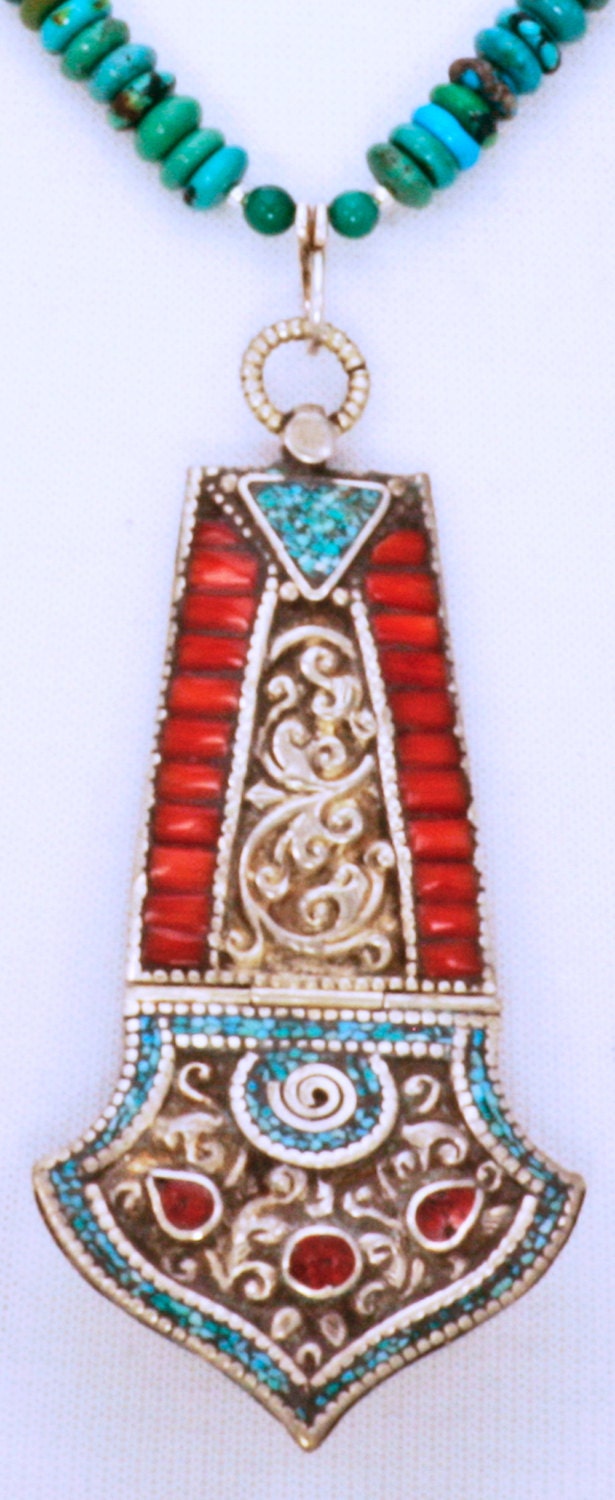 Nepalese Two-in-One Pendant, Turquoise & Coral - Phurba Form