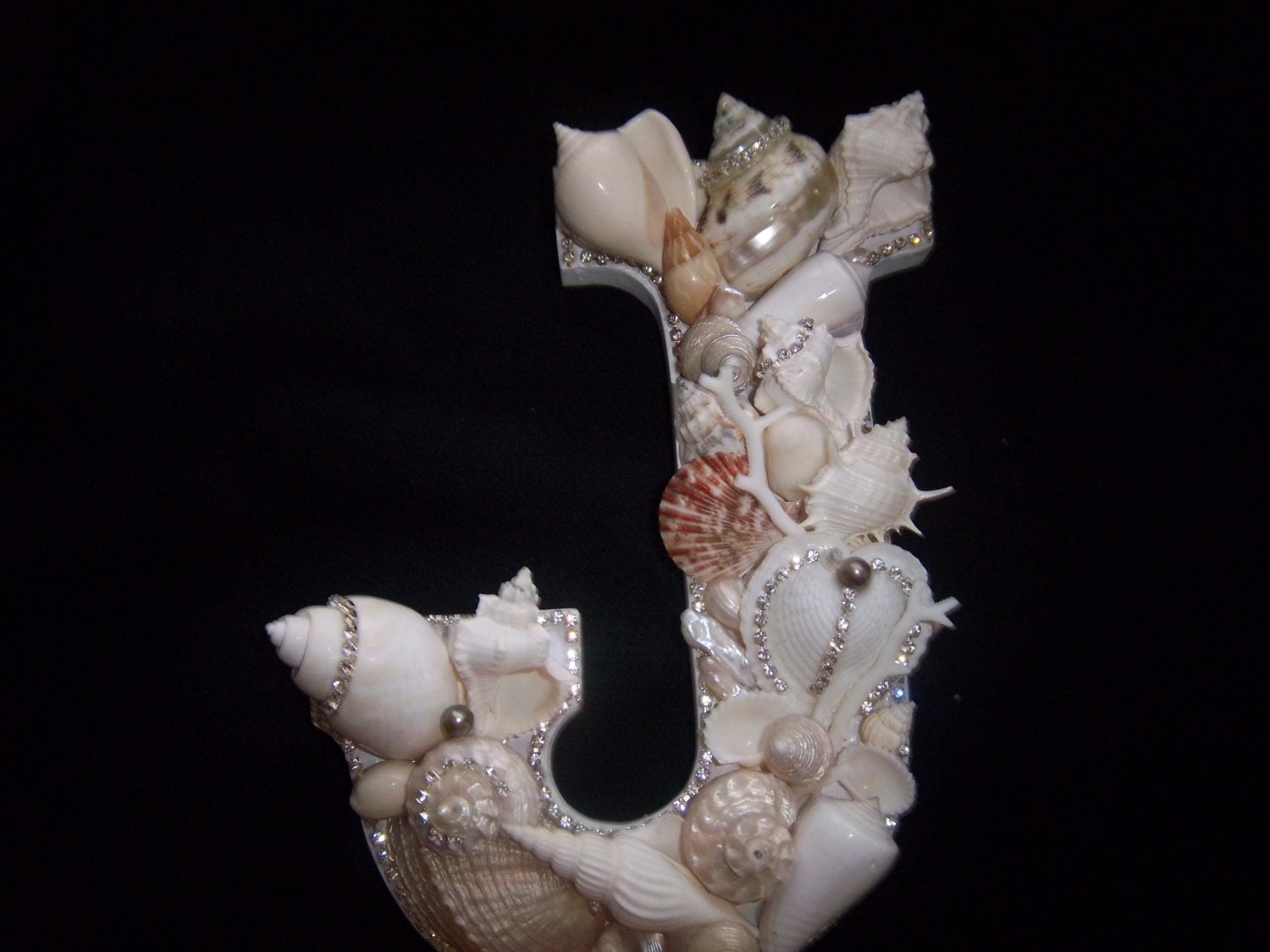 Beach Decor-ONE OF A KIND--Large 9" Seashell and Swarovski Crystal Embellished Letter "j"