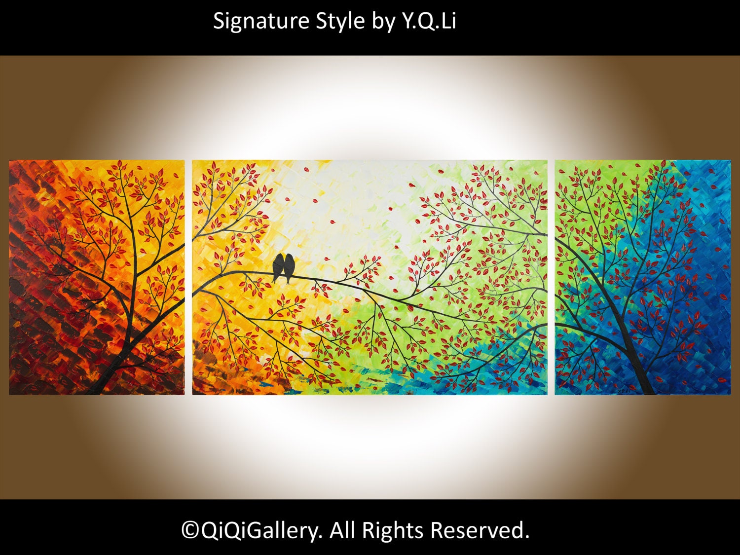 72" Contemporary Landscape Painting Heavy Texture Painting Impasto Gallery Wrap canvas Palette Knife Tree Decor Birds "Over the Rainbow"