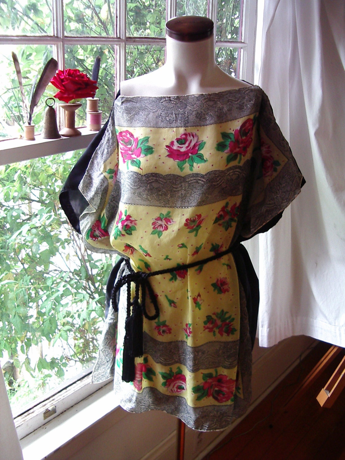 portland rose gypsy tunic top blouse vintage silk upcycled clothing boho summer shirt  indie hankie tankie hankietankie