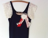 nautical navy blue vintage boho chic lace shirt blouse pinup large summer fashion fourth of july independence day